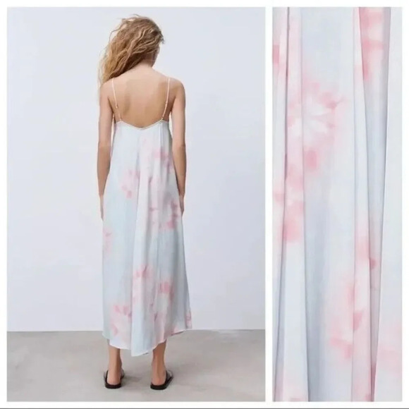 ZARA WOMAN TIE-DYE DRESS Size Medium Pink Blue FLOWING MIDI STRAPPY SATIN Summer - Picture 4 of 16